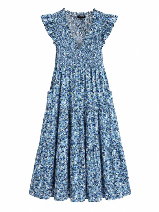 Jacqui E Dresses & Skirts - Jacqui E Blue Floral Smocked Midi Dress with Orange Accents